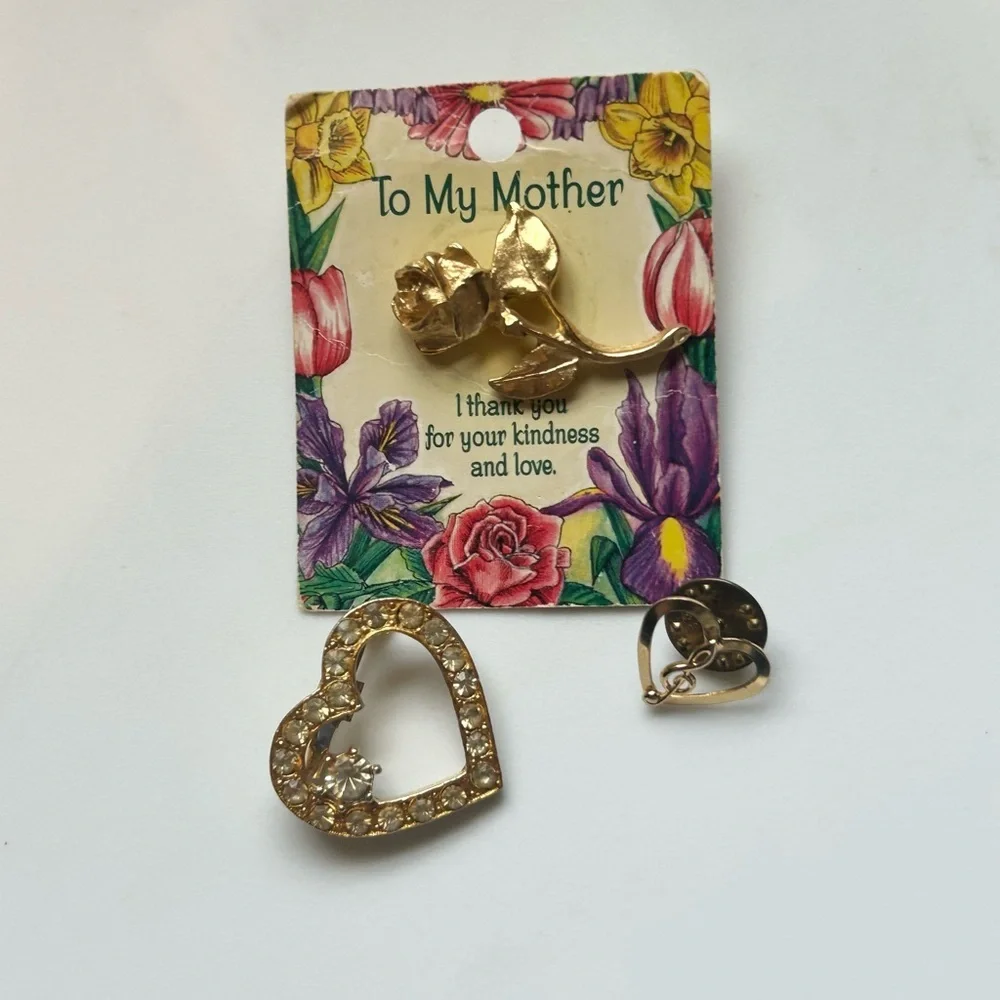 Vintage Mother’s Day Gold Rose & Heart Brooch Pin Bundle 3pc Vintage Jewelry Lot